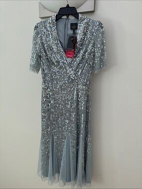 Adrianna Papell Light Blue Sequined Midi Dress with V-Neck size 4 NWT